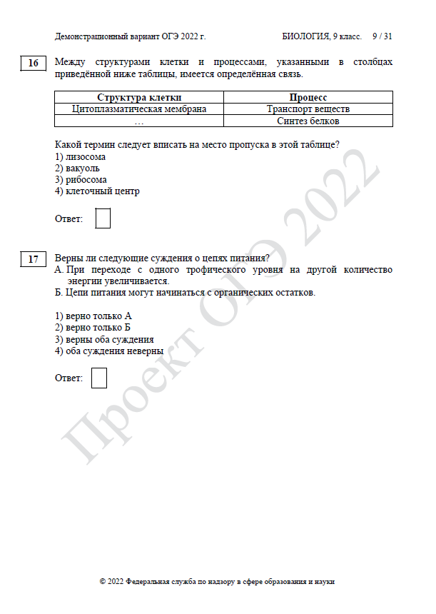 Демоверсия ОГЭ по биологии 2022