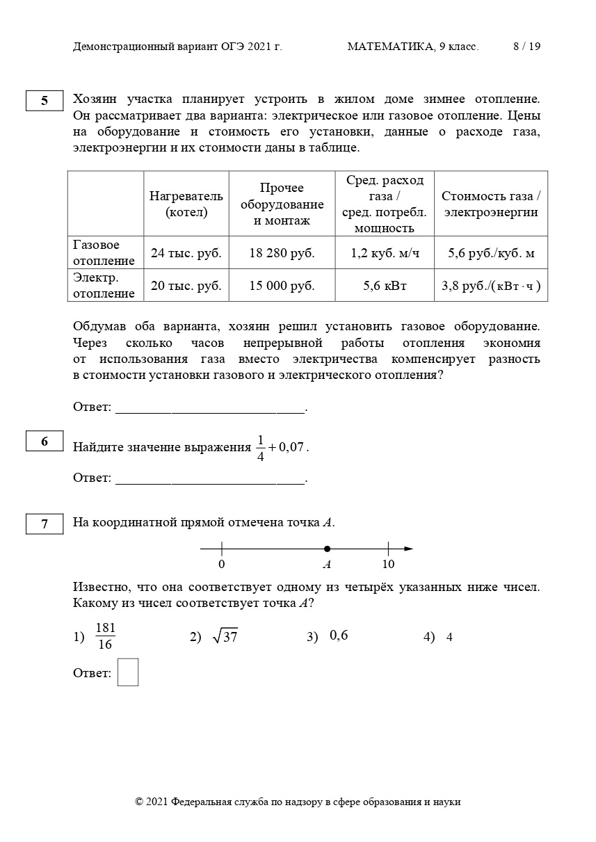 Демонстрационный вариант ОГЭ по математике 2021